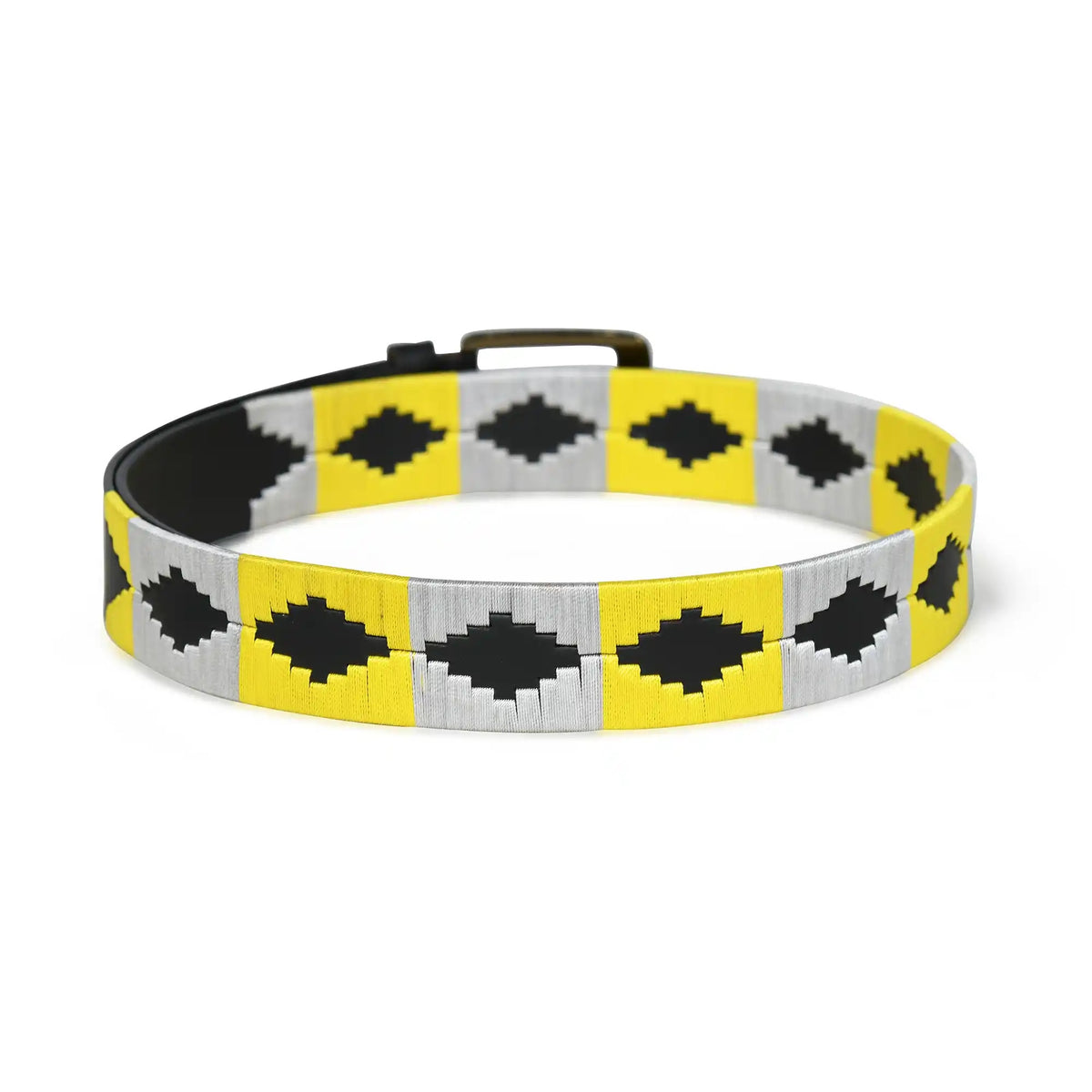 Handmade polo leather belt for men with yellow and grey geometric pattern – photo 4