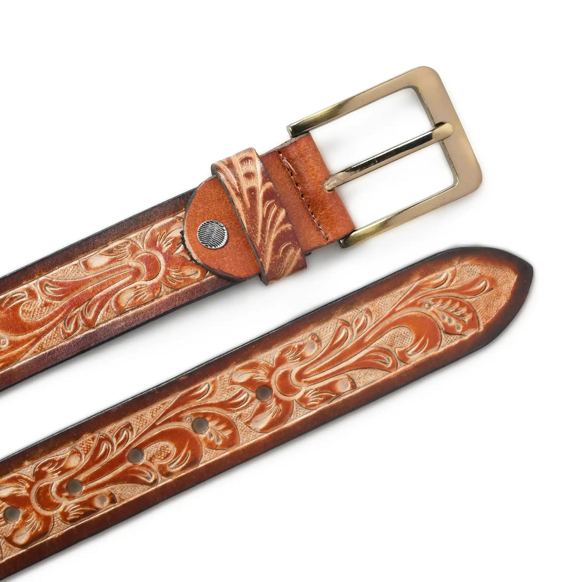 Light brown hand-tooled floral leather belt for men – photo 2