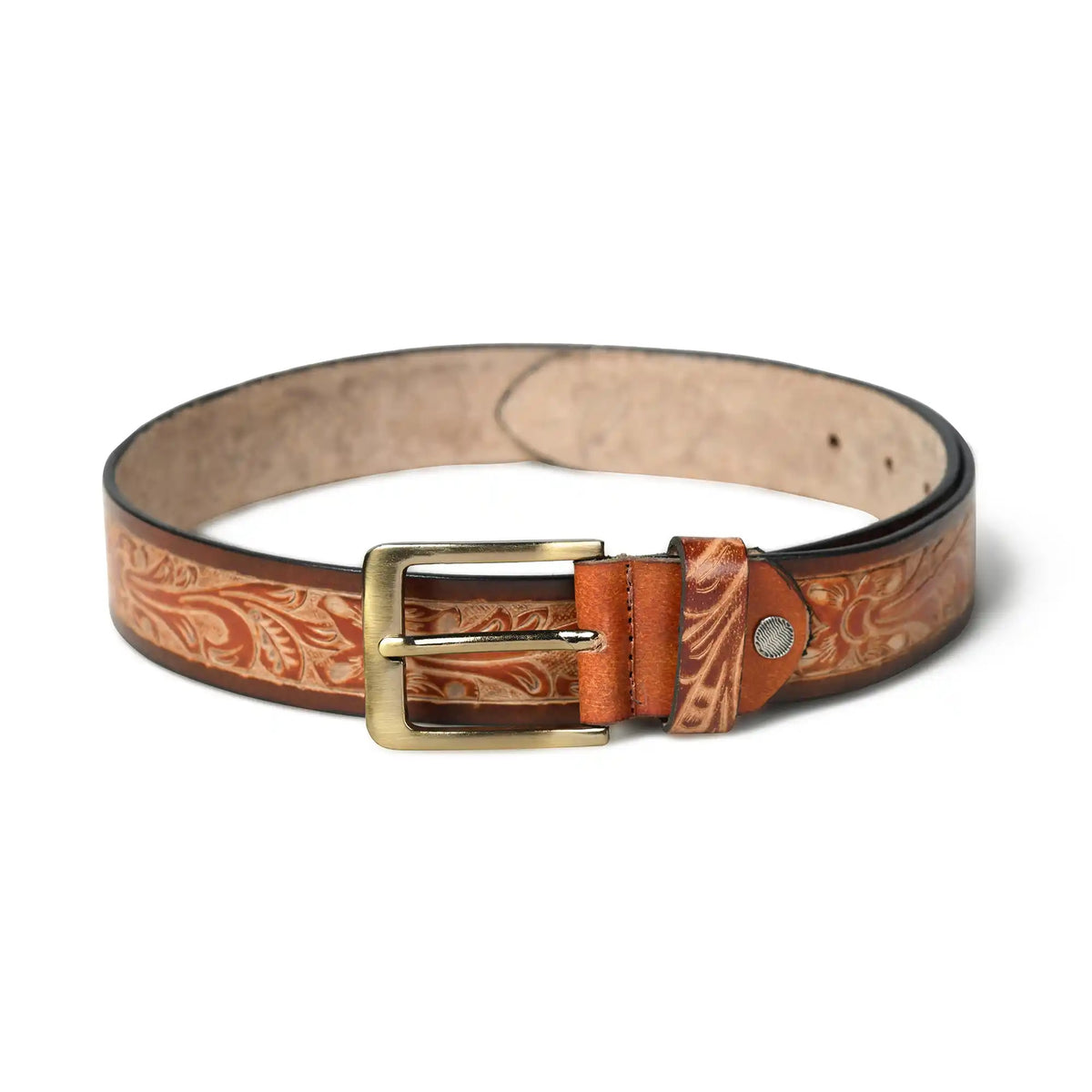 Light brown hand-tooled floral leather belt for men – photo 4