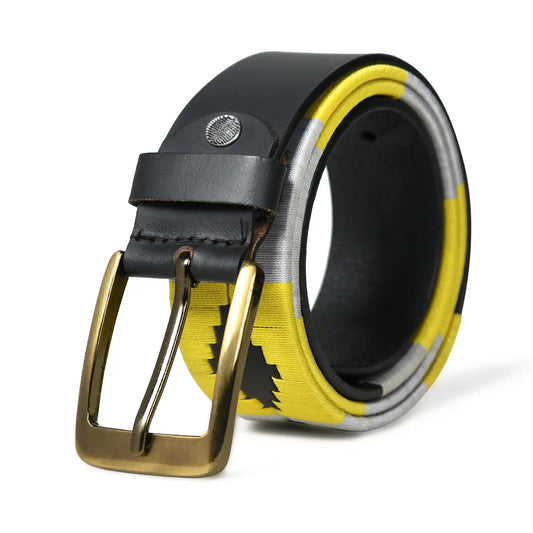Handmade polo leather belt for men with yellow and grey geometric pattern – photo 1