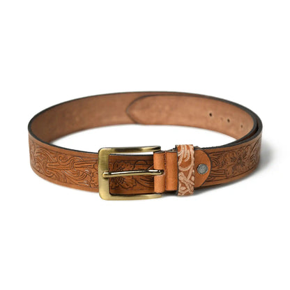 Tan brown hand-embossed floral leather belt for men with silver buckle – photo 4