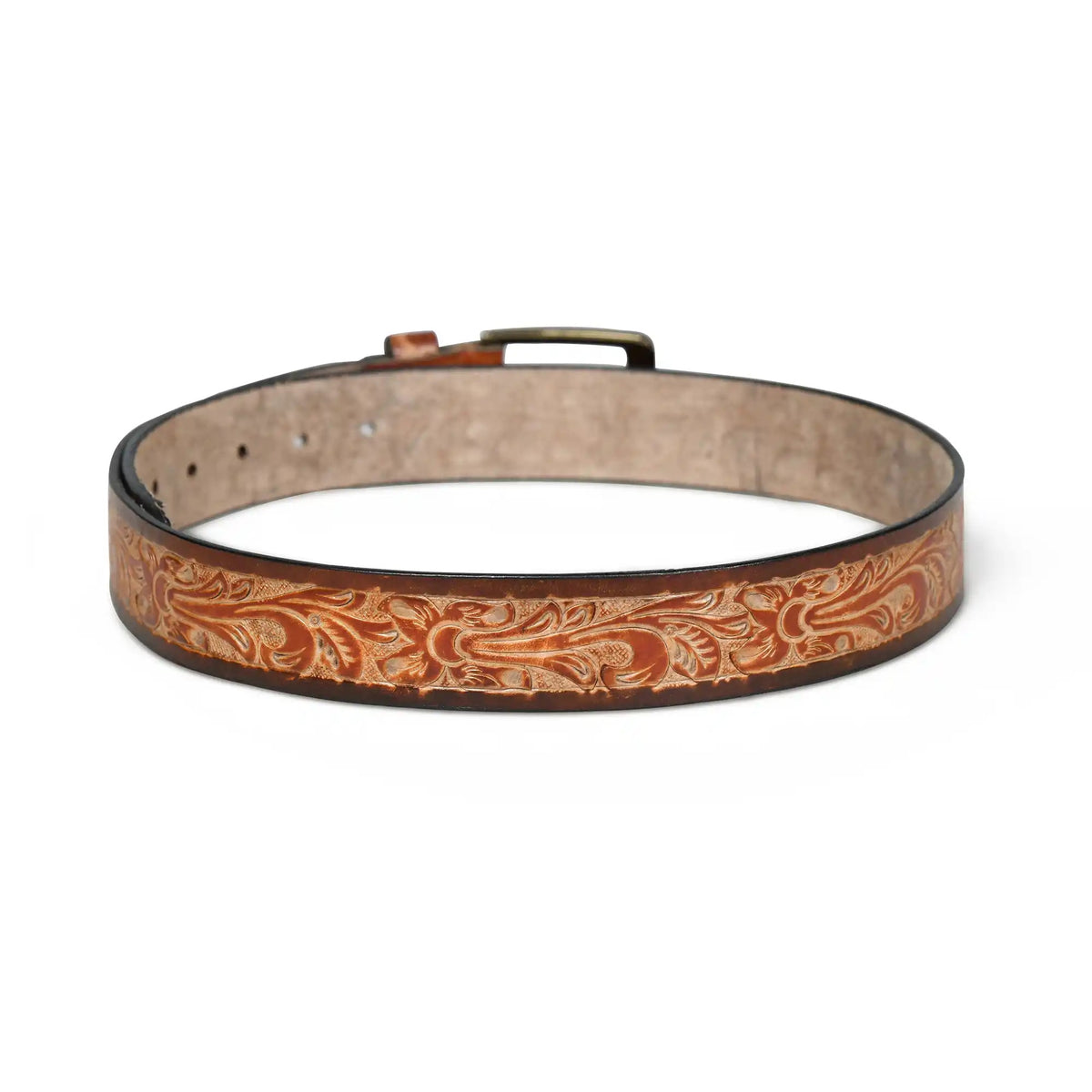 Light brown hand-tooled floral leather belt for men – photo 3