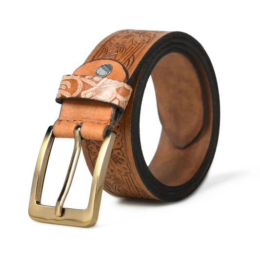 Tan brown hand-embossed floral leather belt for men with silver buckle – photo 1