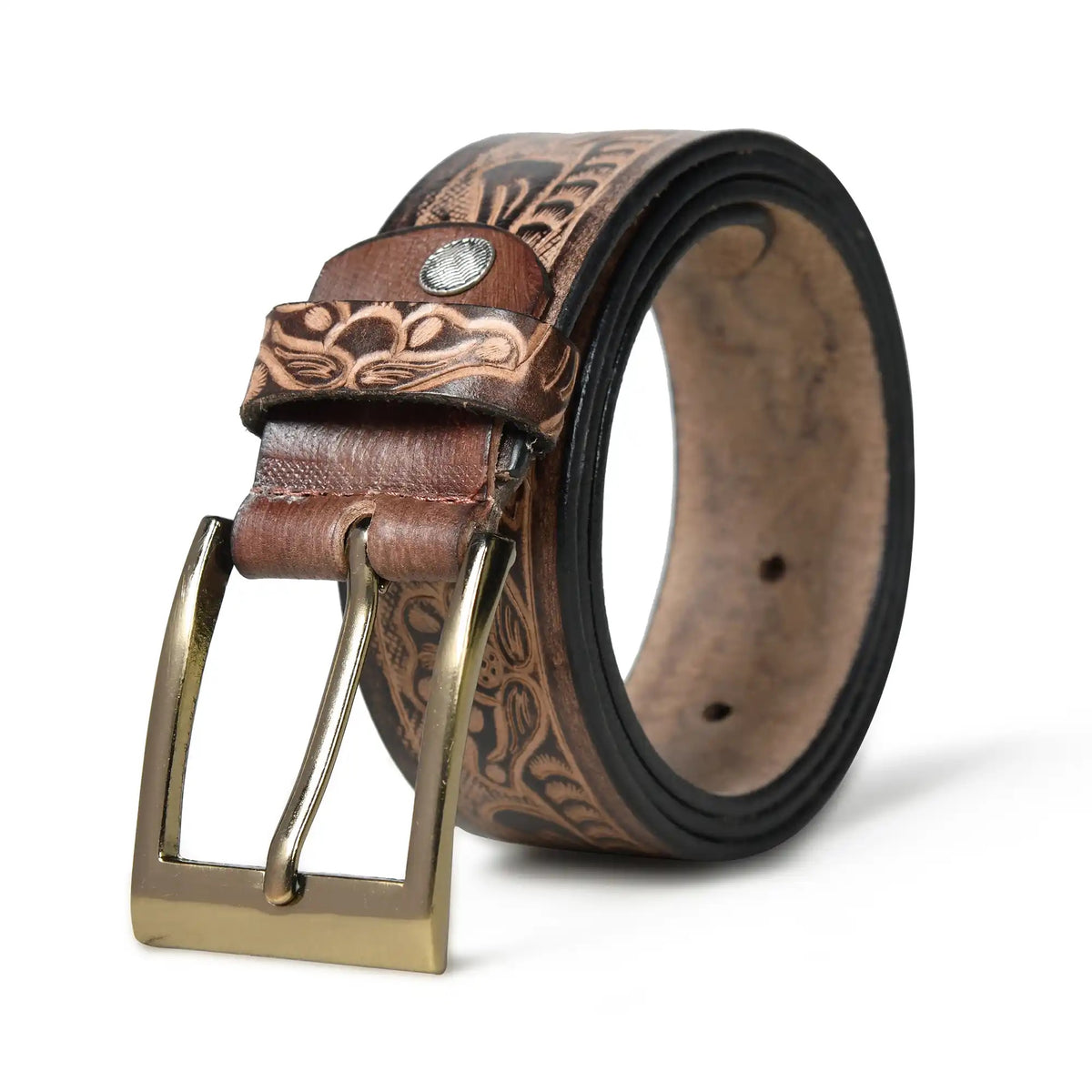Pastel brown handmade floral pattern leather belt for men – photo 1