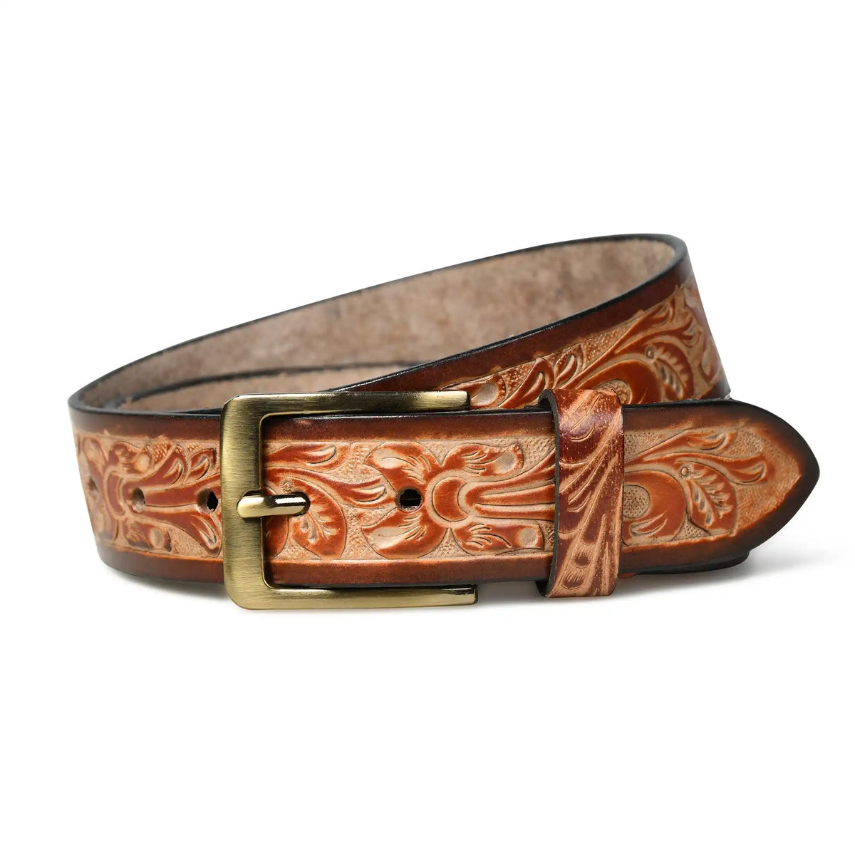 Light brown hand-tooled floral leather belt for men – photo 5