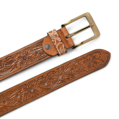Tan brown hand-embossed floral leather belt for men with silver buckle – photo 2