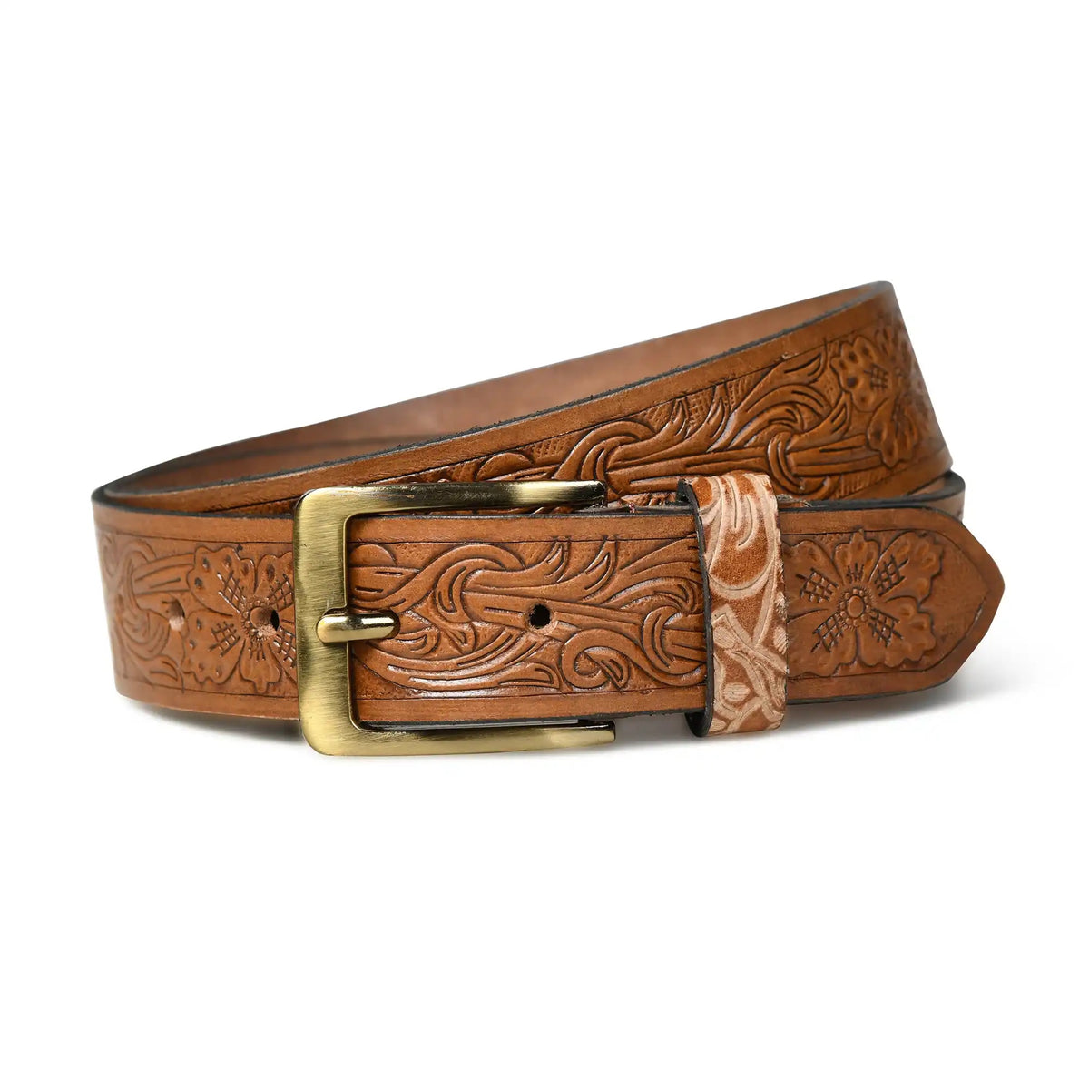 Tan brown hand-embossed floral leather belt for men with silver buckle – photo 5