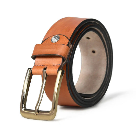 Tan brown burnished buffalo leather belt for men with square buckle – photo 1