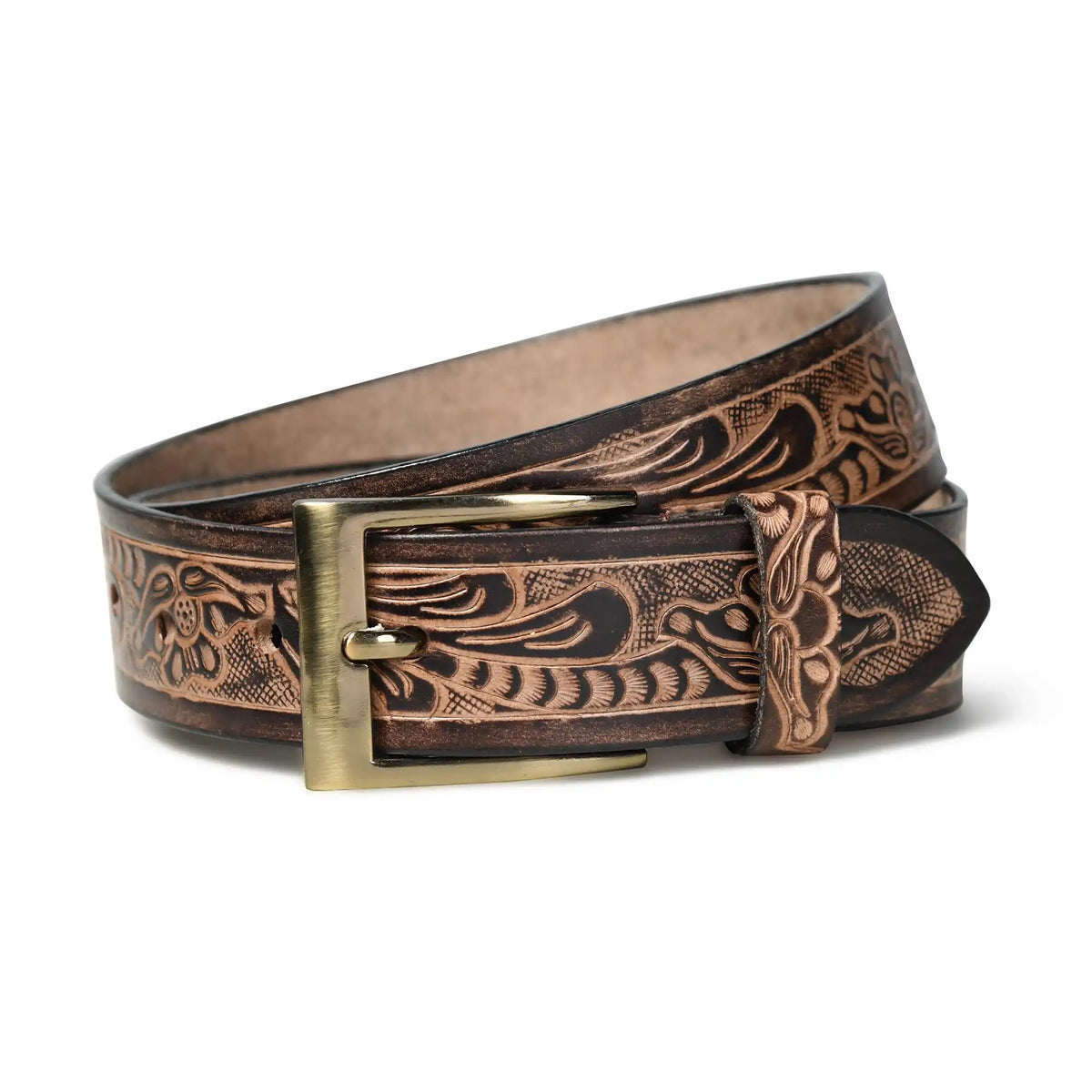 Pastel brown handmade floral pattern leather belt for men – photo 4