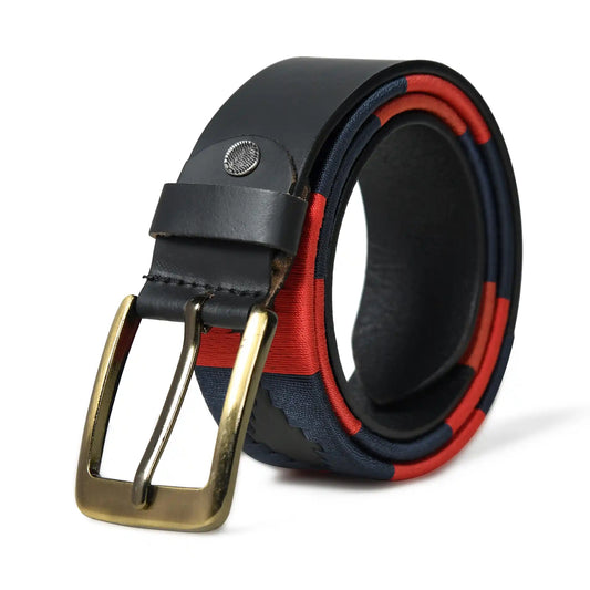 Handmade polo leather belt for men with dark blue and red stripes – photo 1