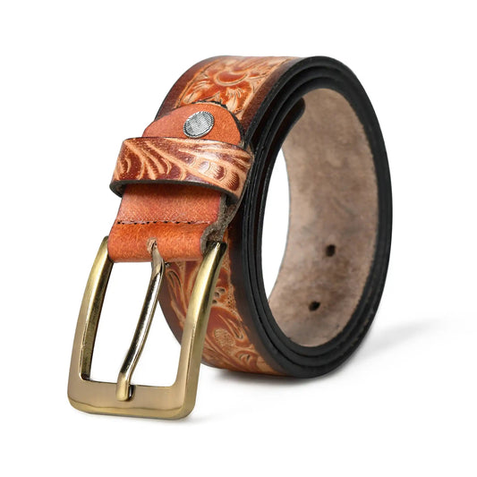 Light brown hand-tooled floral leather belt for men – photo 1