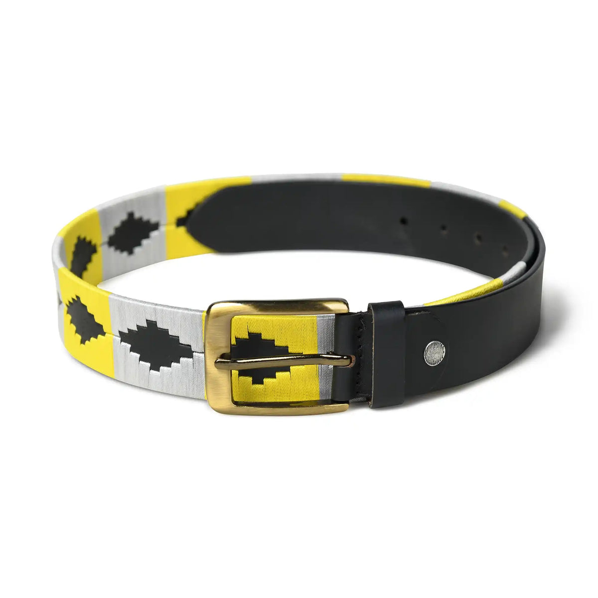 Handmade polo leather belt for men with yellow and grey geometric pattern – photo 5