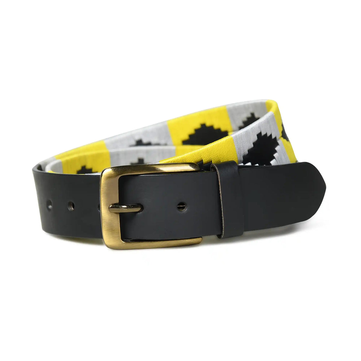 Handmade polo leather belt for men with yellow and grey geometric pattern – photo 3