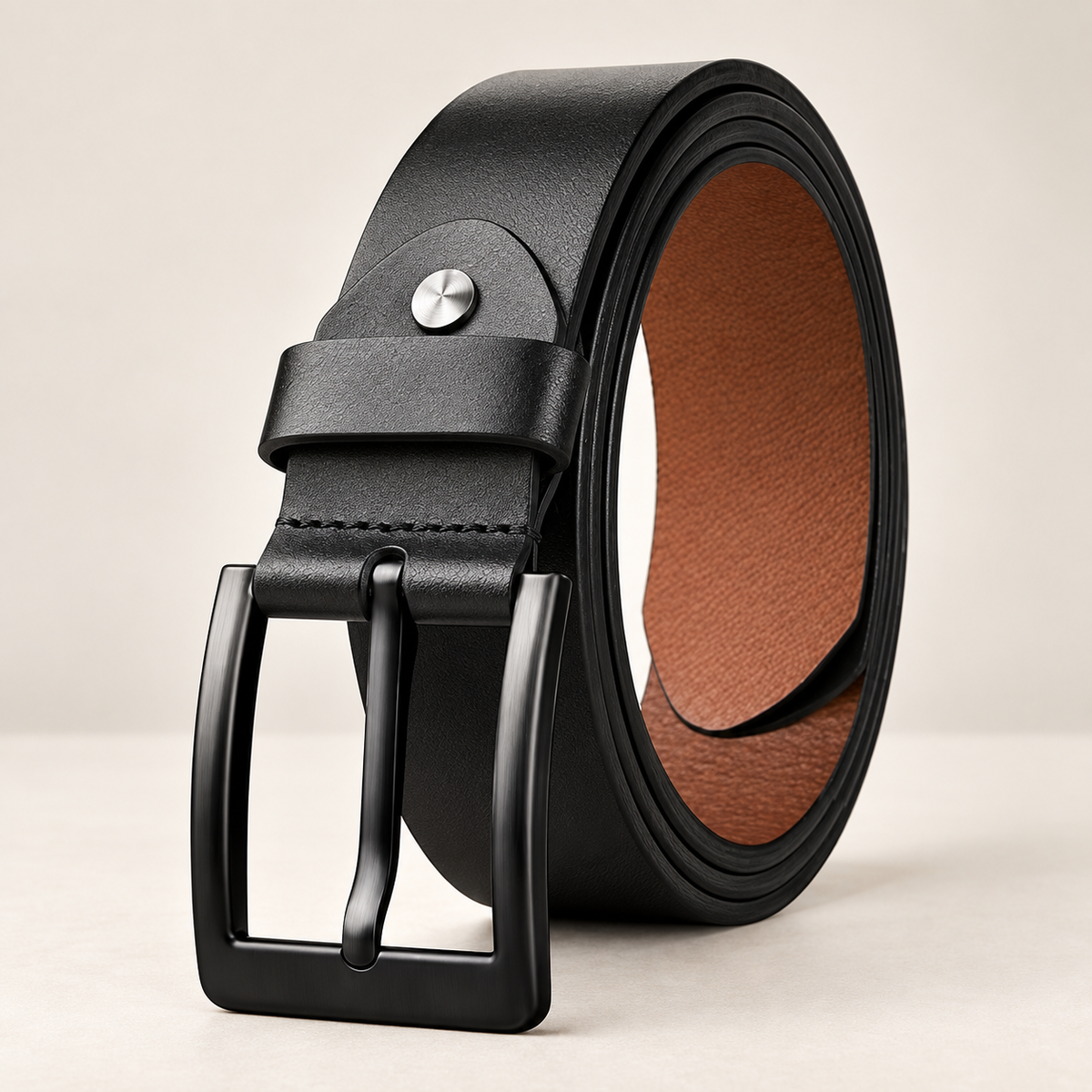 Black leather belt for men coiled, showing matte black pin buckle and tan inner lining