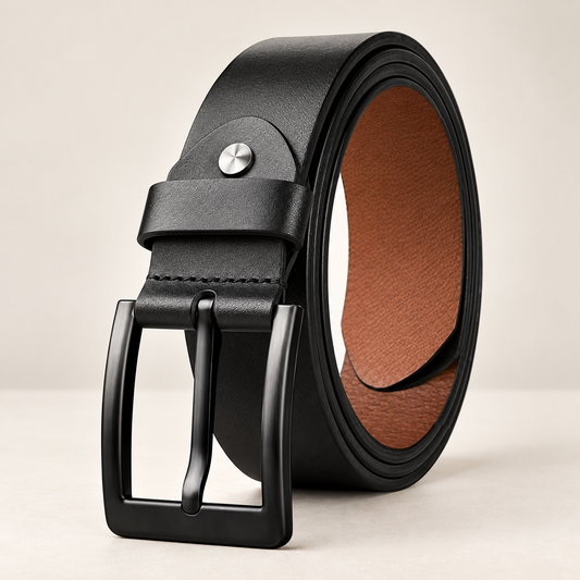 Black leather belt for men coiled, showing matte black pin buckle and tan inner lining