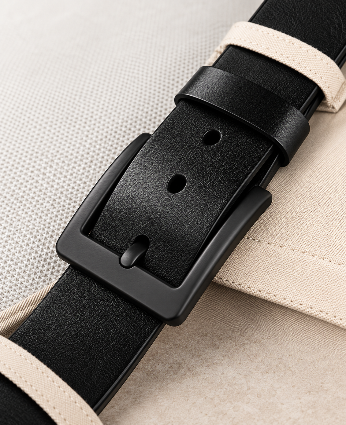 Close-up of the matte black pin buckle and belt holes on a black leather belt