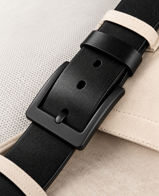Close-up of the matte black pin buckle and belt holes on a black leather belt