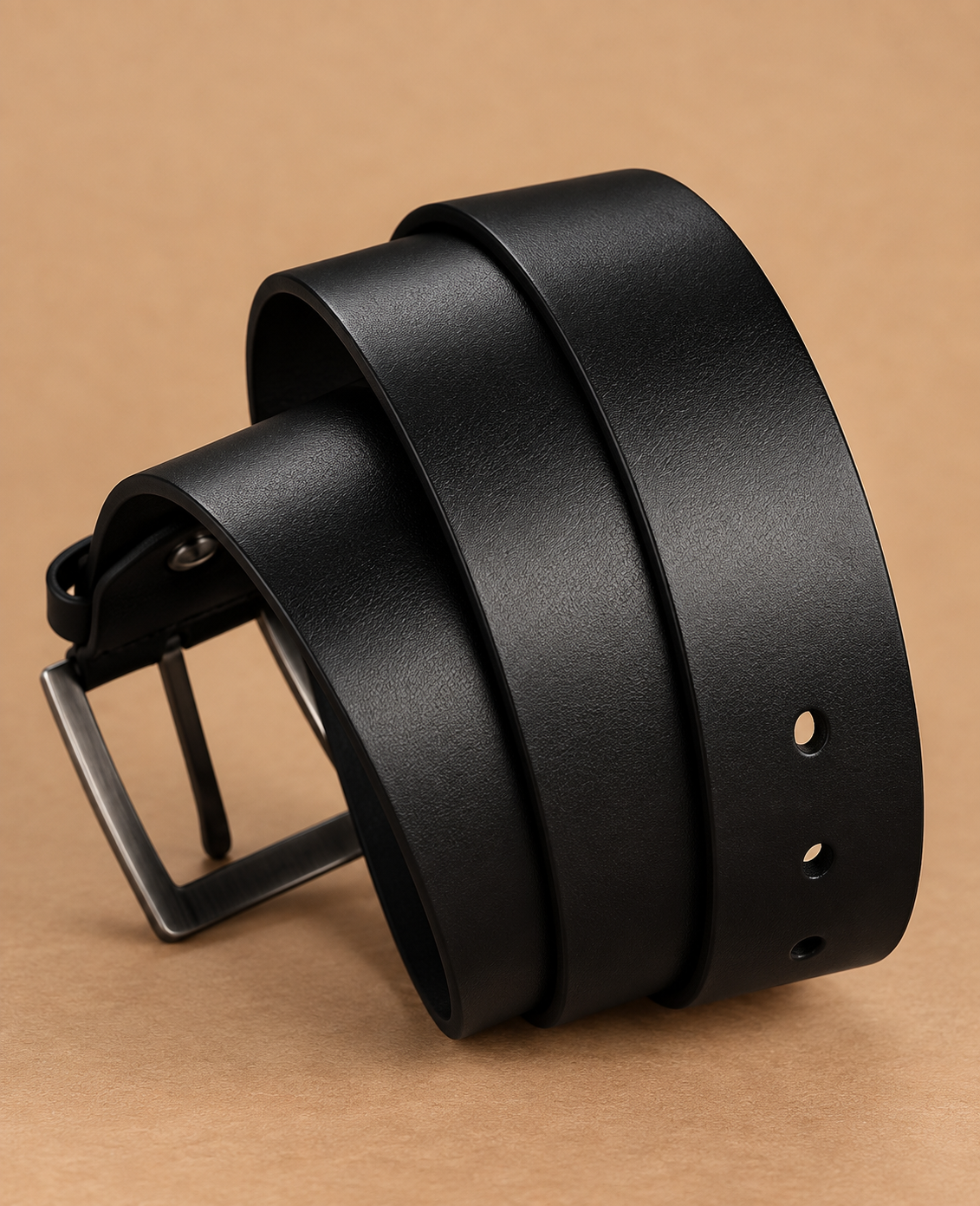 Black leather belt coiled on a tan background showing smooth grain and edges