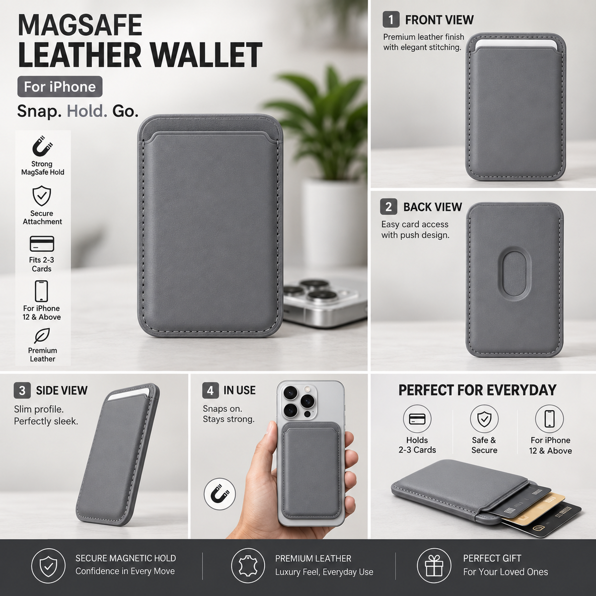 Grey MagSafe-compatible card wallet showing front, back and card slot details