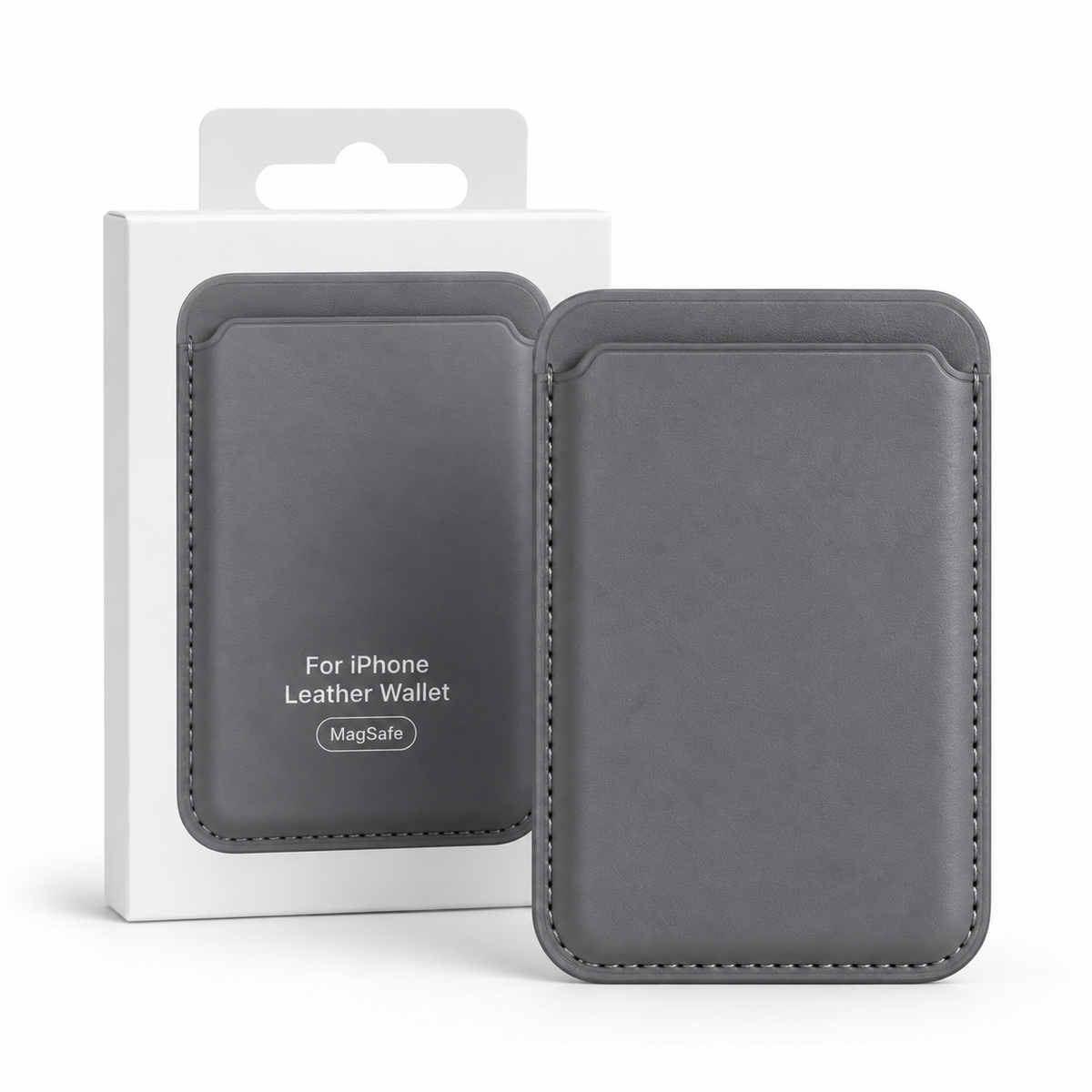 Grey magnetic card wallet for iPhone, shown with retail packaging