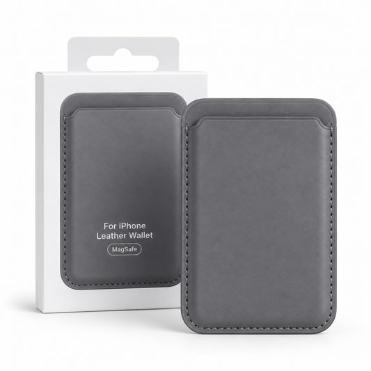 Grey magnetic card wallet for iPhone, shown with retail packaging