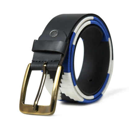 Handmade polo leather belt for men with blue and white stripes – photo 1