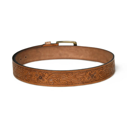 Tan brown hand-embossed floral leather belt for men with silver buckle – photo 3