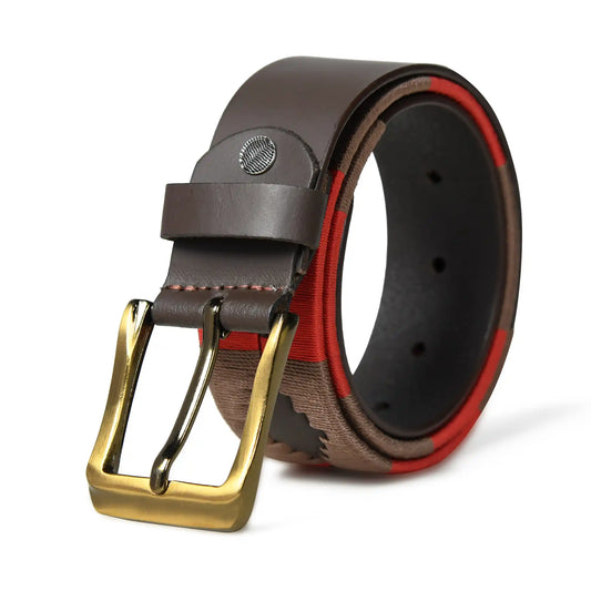 Handmade polo leather belt for men with red and brown hand-stitched stripes – photo 1