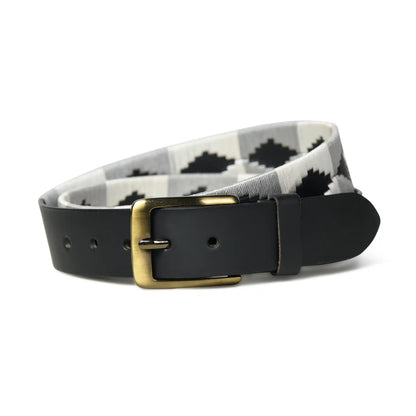 Handmade polo leather belt for men with white and grey hand-stitched stripes – photo 3