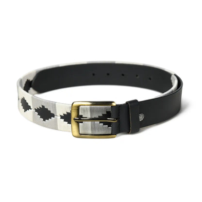 Handmade polo leather belt for men with white and grey hand-stitched stripes – photo 4
