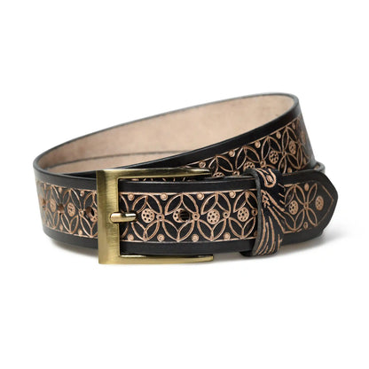 Black hand-embossed floral leather belt for men with silver buckle – photo 4