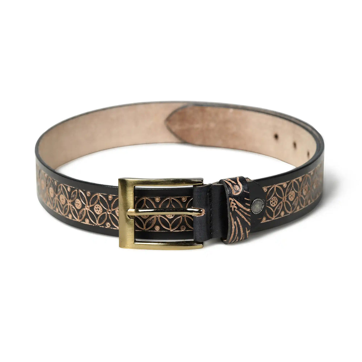 Black hand-embossed floral leather belt for men with silver buckle – photo 5
