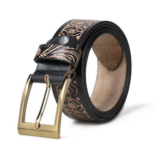 Black hand-embossed floral leather belt for men with silver buckle – photo 1