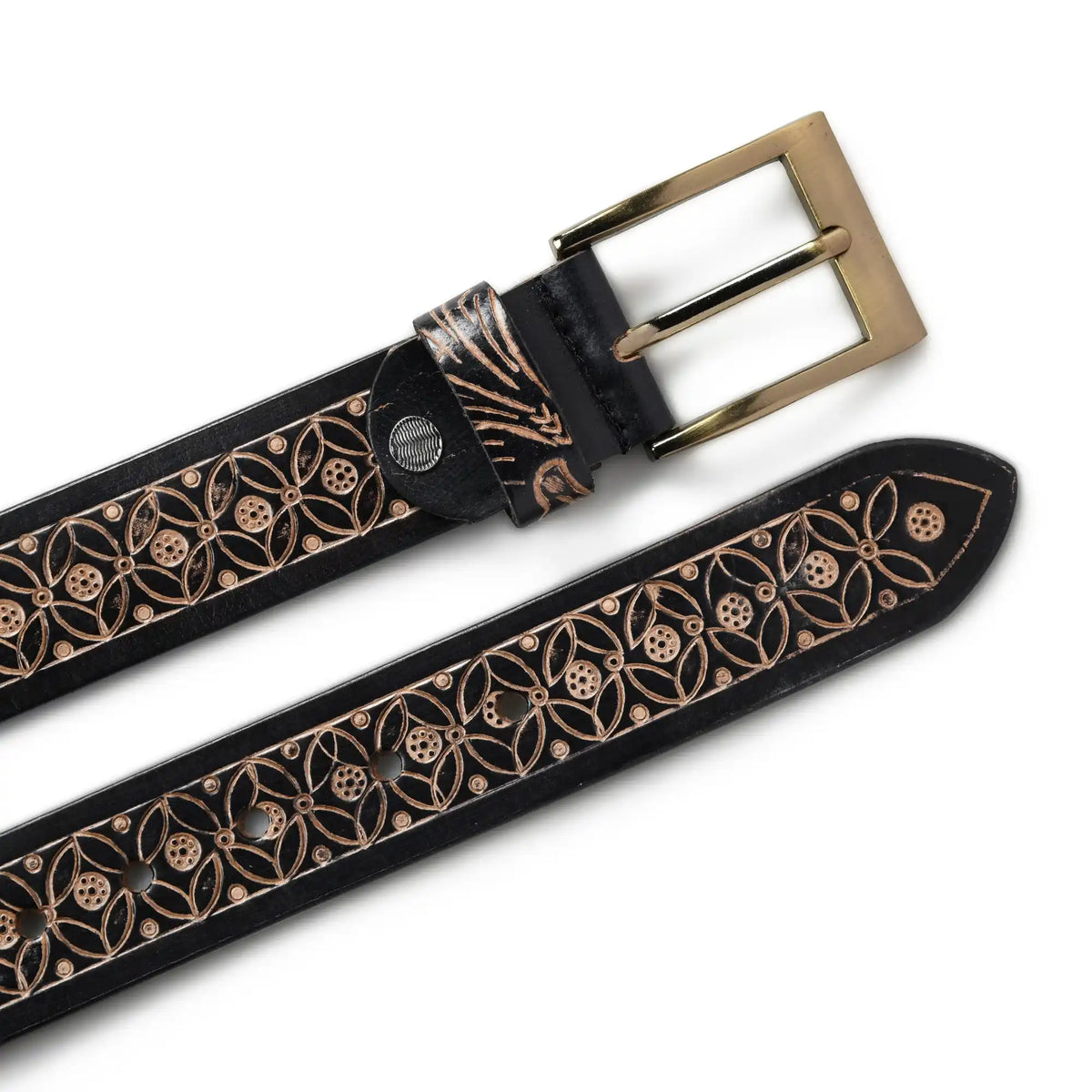 Black hand-embossed floral leather belt for men with silver buckle – photo 2