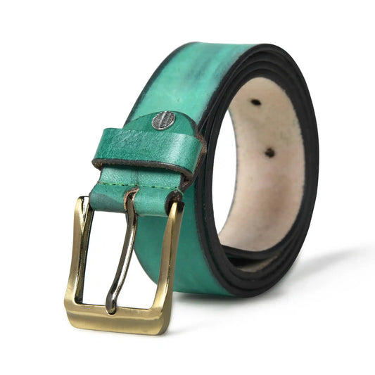 Dusty teal burnished buffalo leather belt for men with square buckle – photo 1