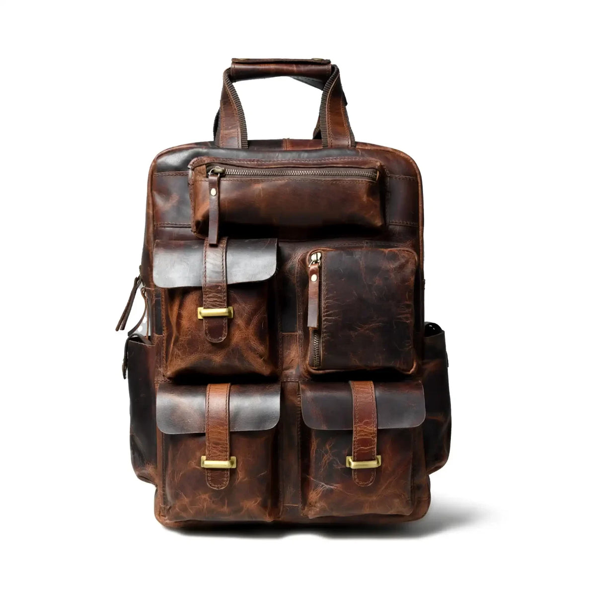Front view of the distressed leather backpack showing buckled flap pockets and zip pocket