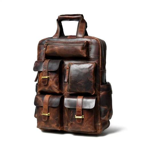 Distressed brown leather multi-pocket backpack for men, angled front view