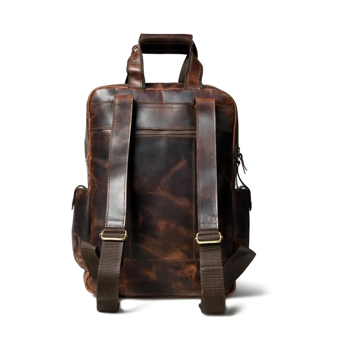 Back of the distressed leather backpack showing padded adjustable shoulder straps