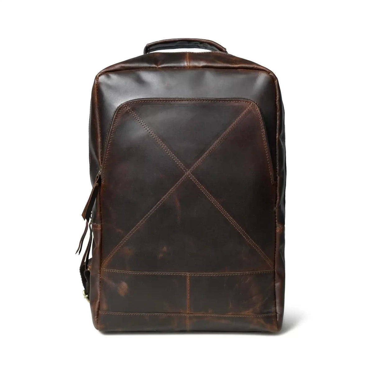Front view of the espresso leather backpack showing the panelled stitch detail