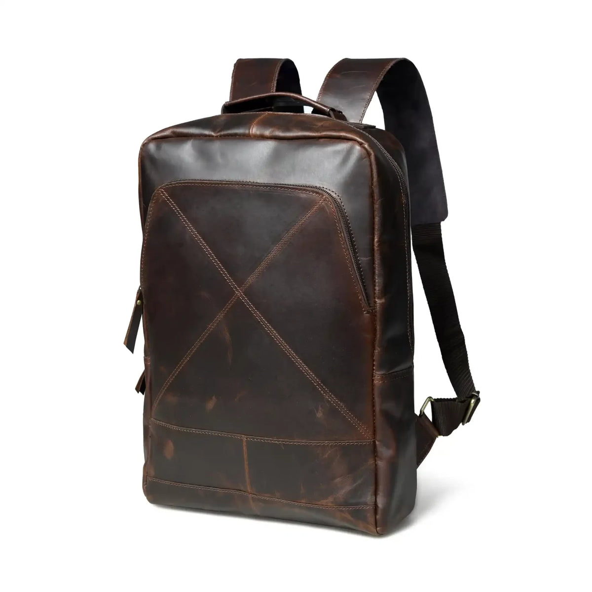 Espresso leather laptop backpack for men, angled view with shoulder straps