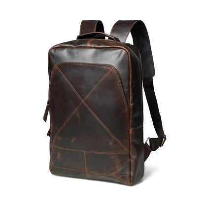 Espresso leather laptop backpack for men, angled view with shoulder straps