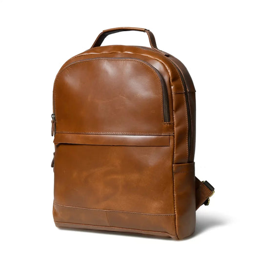 Cognac tan leather commuter backpack for men, angled front view