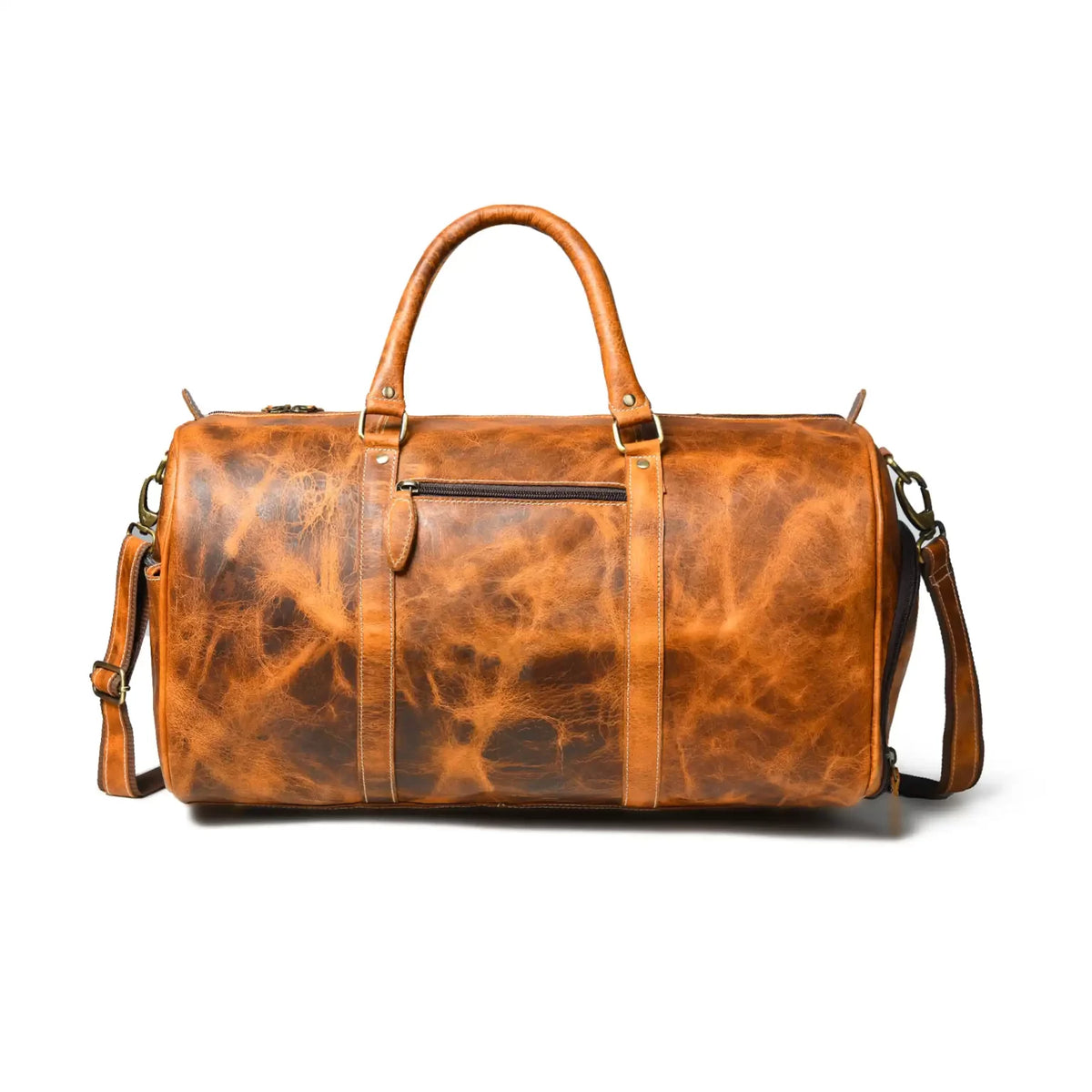 Marbled Tan Leather Duffel Bag — Shoe Compartment