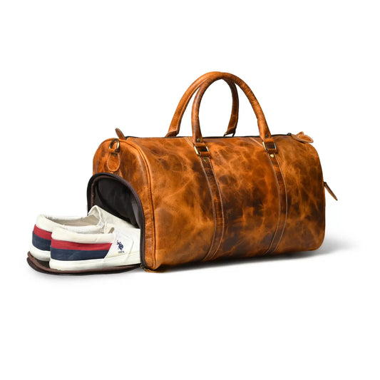 Marbled Tan Leather Duffel Bag — Shoe Compartment