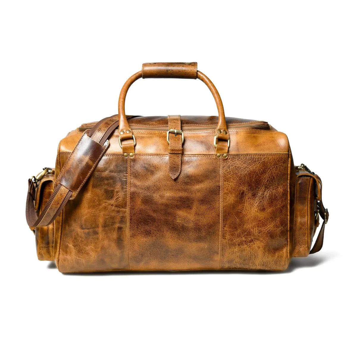 Distressed Tan Leather Duffel Bag — Vintage Wash