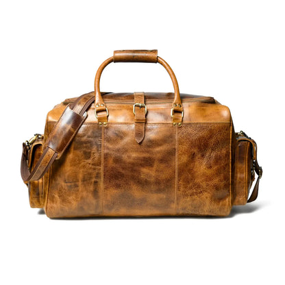 Distressed Tan Leather Duffel Bag — Vintage Wash