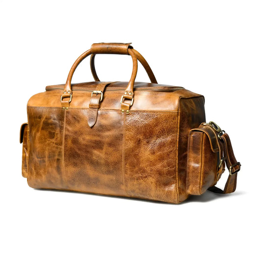 Distressed Tan Leather Duffel Bag — Vintage Wash