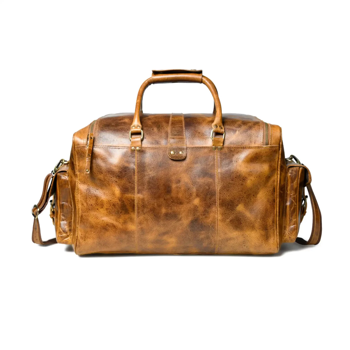 Distressed Tan Leather Duffel Bag — Vintage Wash