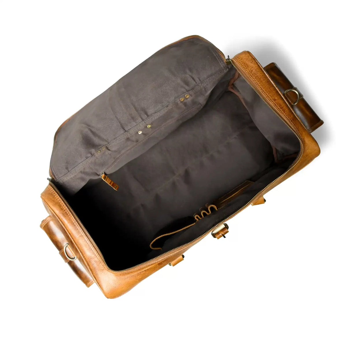Distressed Tan Leather Duffel Bag — Vintage Wash