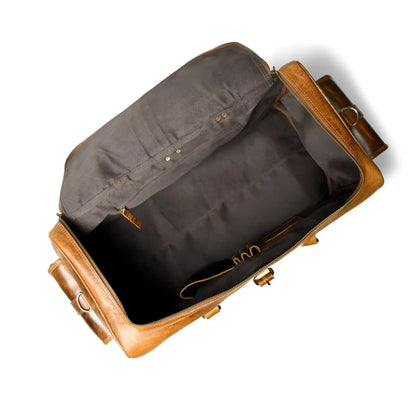 Distressed Tan Leather Duffel Bag — Vintage Wash